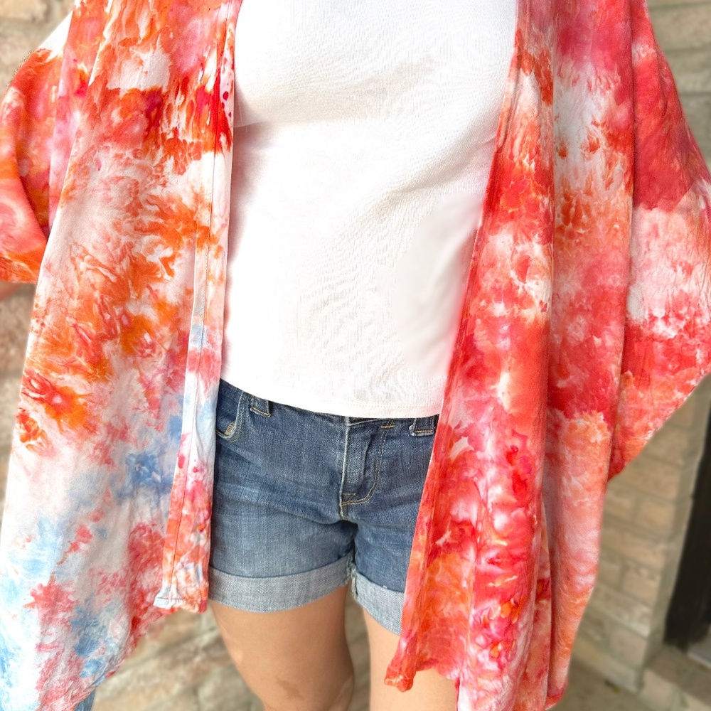 Ice Dye Kimono Wrap Lightweight Cardigan Jacket Red Blue Coral Bamboo Swim Cover